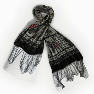 Velvet Burnout Scarf Womens‎ Black Red Green Sheer Paisley Boho Fringe Festival